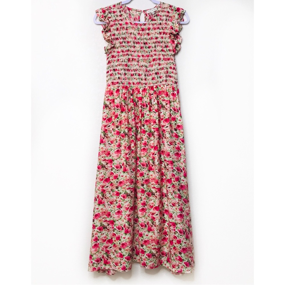 MOON RIVER Floral Midi Dress Ruffled Cap Sleeves Pink Green